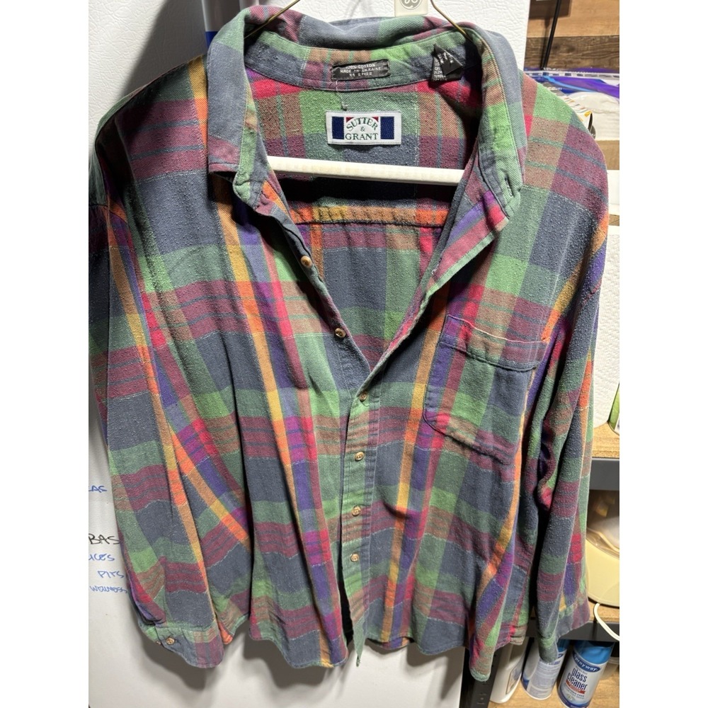 Sutter & Grant Vintage Green Purple Plaid Long Sleeve Button Up Size XL‎